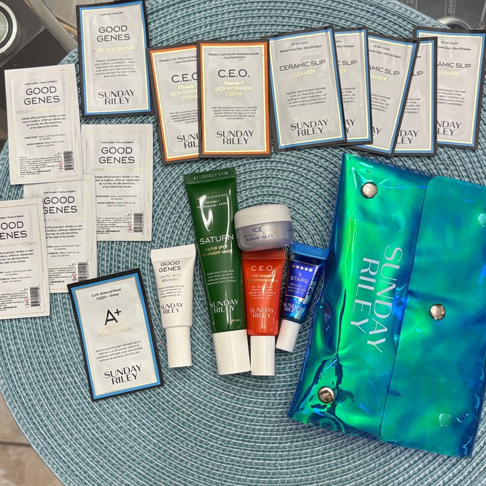 Sunday Riley Skincare Collection with Iridescent Blue Pouch
